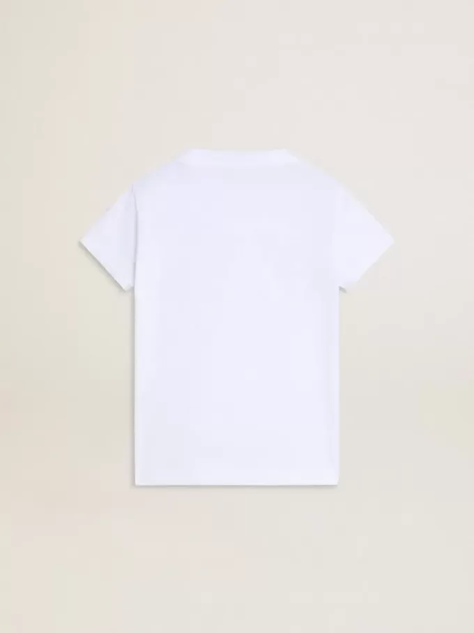 Weißes T-Shirt für Mädchen mit rosa Glitzer und goldener Schrift Weißes T-Shirt für Mädchen mit rosa Glitzer und goldener Schrift
