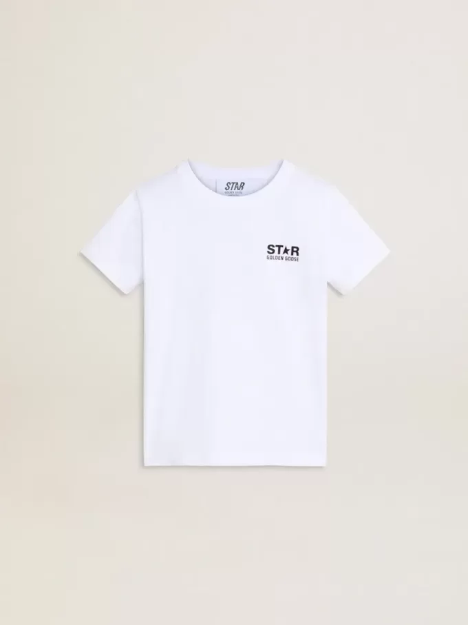 Weißes T-Shirt mit kontrastierendem schwarzem Logo und Stern Weißes T-Shirt mit kontrastierendem schwarzem Logo und Stern