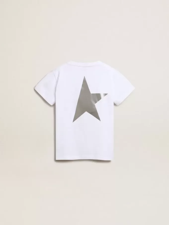 Weißes T-Shirt mit kontrastierendem silbernem Logo auf der Vorderseite