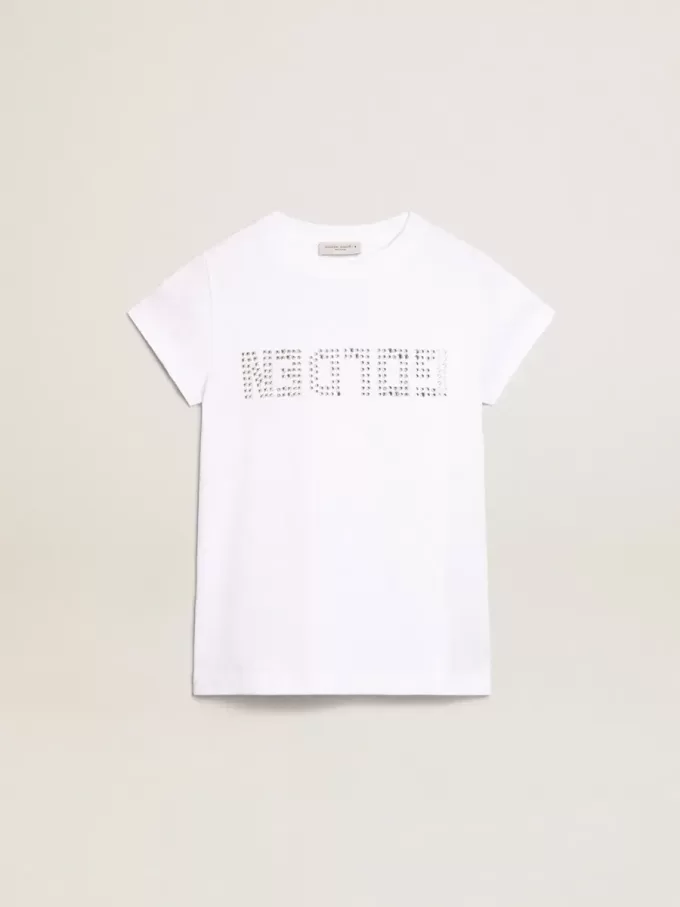 Weißes T-Shirt mit zentralem goldenen Schriftzug aus Kristallen