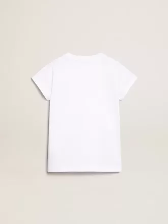 Weißes T-Shirt mit zentralem goldenen Schriftzug aus Kristallen
