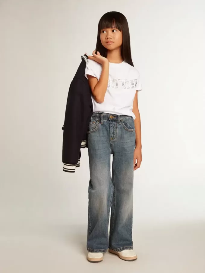 Weißes T-Shirt mit zentralem goldenen Schriftzug aus Kristallen