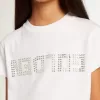 Weißes T-Shirt mit zentralem goldenen Schriftzug aus Kristallen