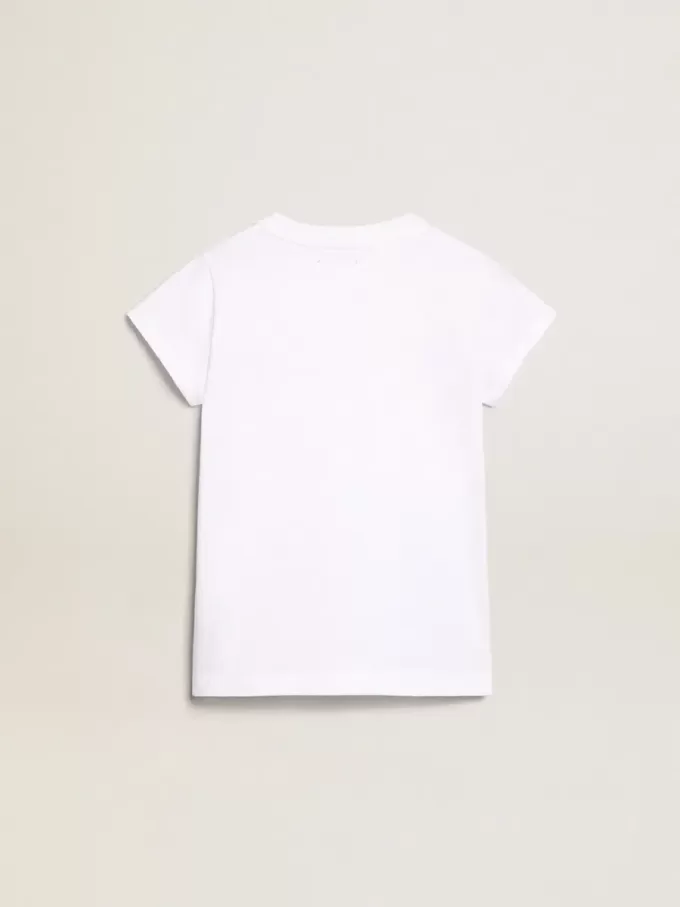 Weißes T-Shirt mit zentralem goldenen Schriftzug aus Kristallen