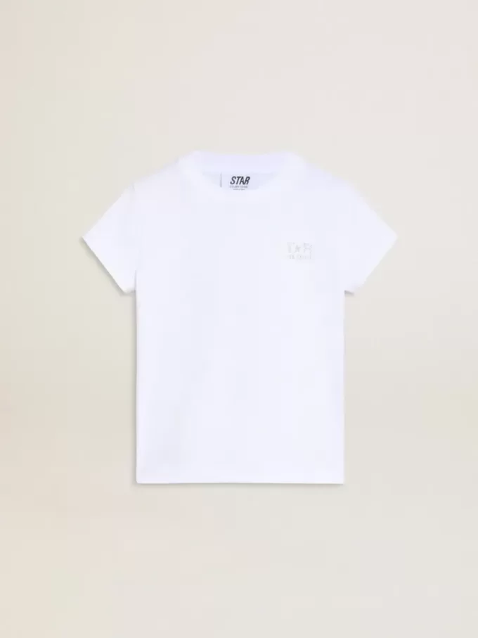 Weißes und silbernes T-Shirt mit Logo und Maxi-Stern in silbernem Glitzer Weißes und silbernes T-Shirt mit Logo und Maxi-Stern in silbernem Glitzer