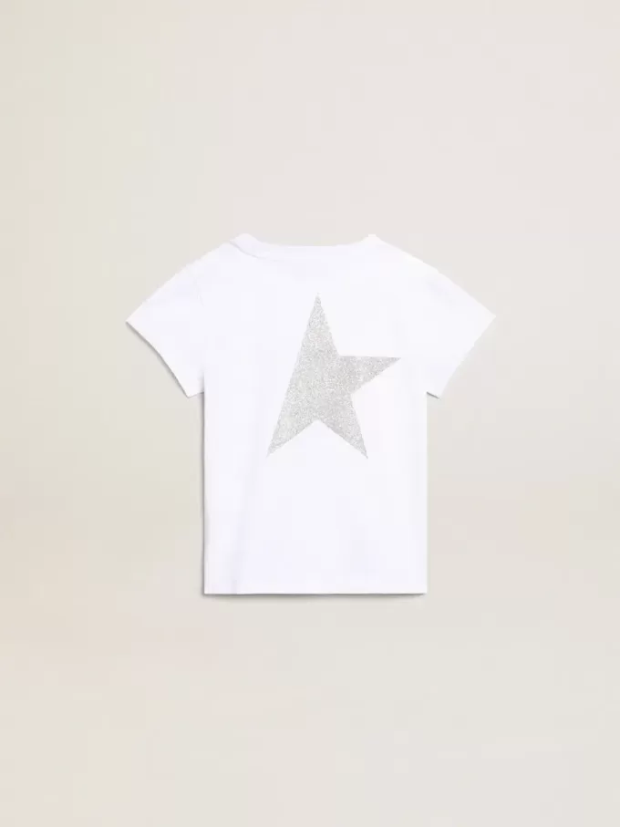 Weißes und silbernes T-Shirt mit Logo und Maxi-Stern in silbernem Glitzer Weißes und silbernes T-Shirt mit Logo und Maxi-Stern in silbernem Glitzer