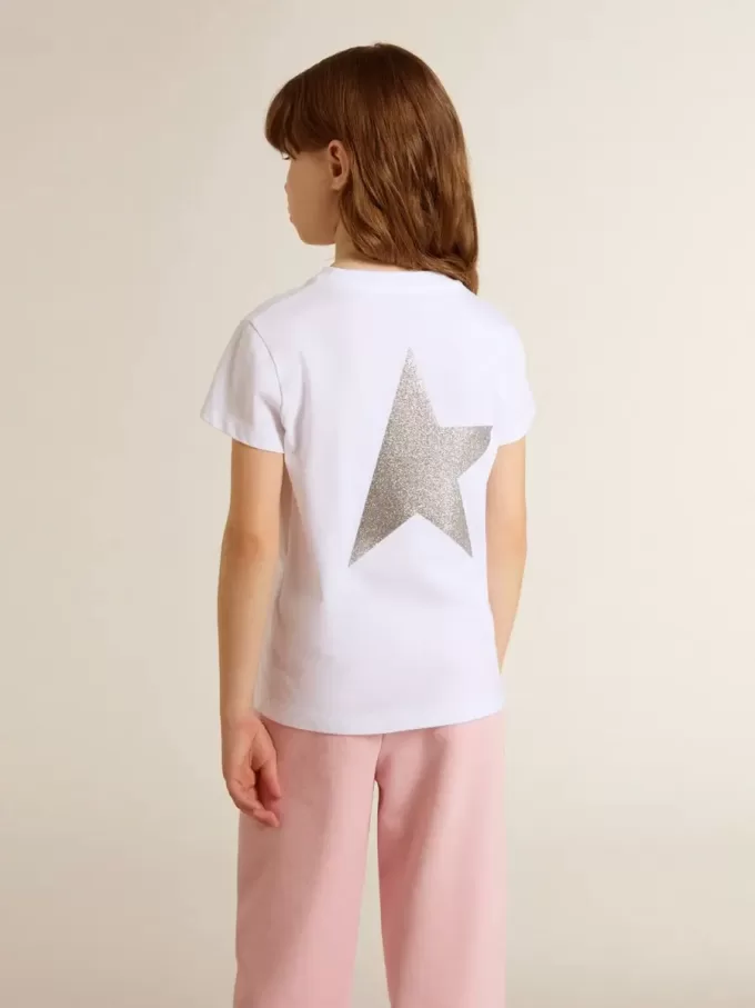 Weißes und silbernes T-Shirt mit Logo und Maxi-Stern in silbernem Glitzer Weißes und silbernes T-Shirt mit Logo und Maxi-Stern in silbernem Glitzer