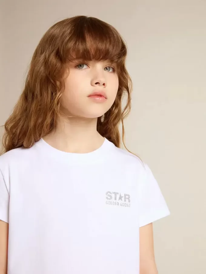 Weißes und silbernes T-Shirt mit Logo und Maxi-Stern in silbernem Glitzer Weißes und silbernes T-Shirt mit Logo und Maxi-Stern in silbernem Glitzer