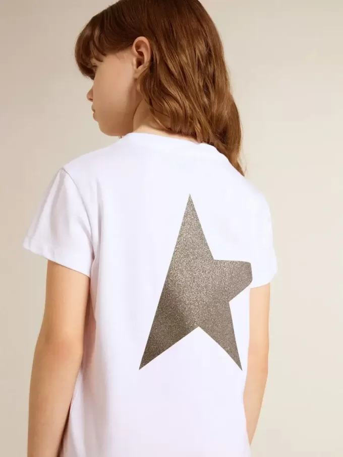 Weißes und silbernes T-Shirt mit Logo und Maxi-Stern in silbernem Glitzer Weißes und silbernes T-Shirt mit Logo und Maxi-Stern in silbernem Glitzer
