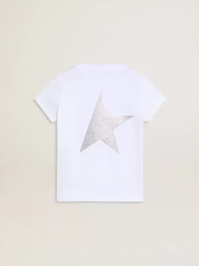 Weißes und silbernes T-Shirt mit Logo und Maxi-Stern in silbernem Glitzer Weißes und silbernes T-Shirt mit Logo und Maxi-Stern in silbernem Glitzer