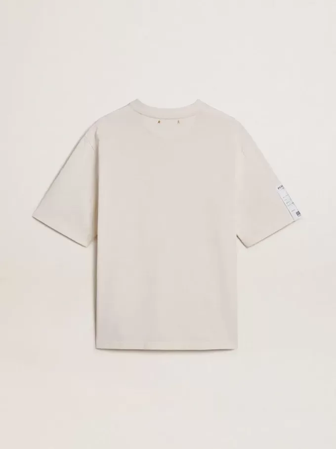Weißes Unisex-T-Shirt mit mediterranem Print und goldenem Pescheria-Patch auf dem Ärmel