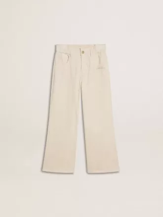 Weite, cremefarbene Mädchenhose mit Rippstrick und Stickerei