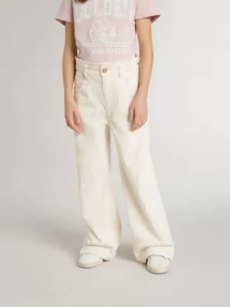 Weite, cremefarbene Mädchenhose mit Rippstrick und Stickerei