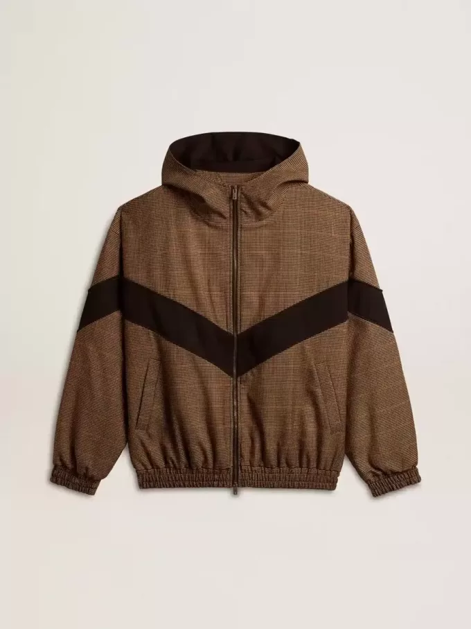 Windjacke in Beige und Schwarz mit Hahnentrittmuster