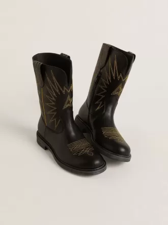 Wish Junior Stiefel aus schwarzem Leder mit gelber Sternstickerei