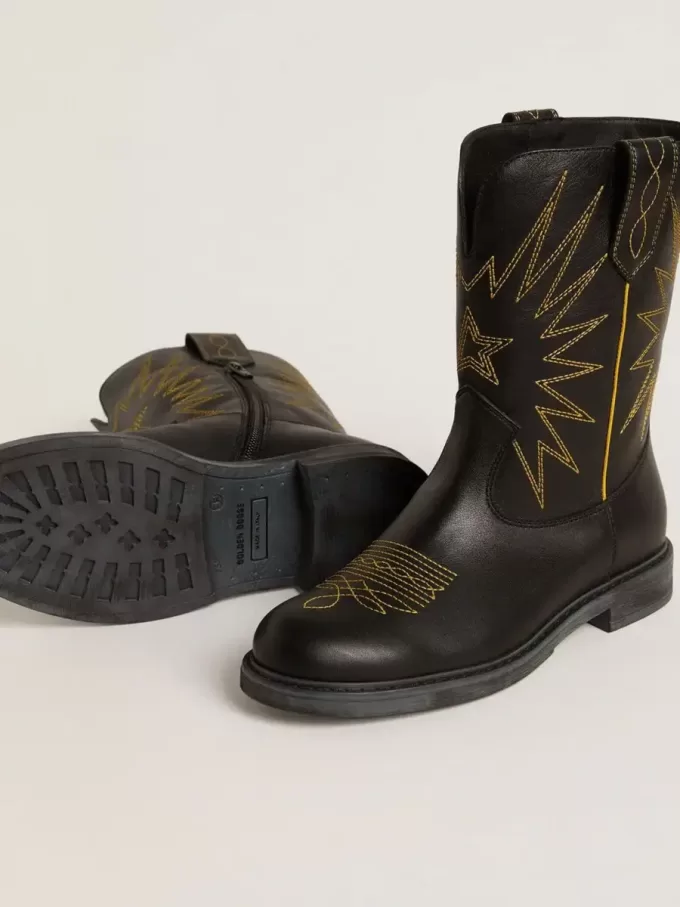 Wish Junior Stiefel aus schwarzem Leder mit gelber Sternstickerei