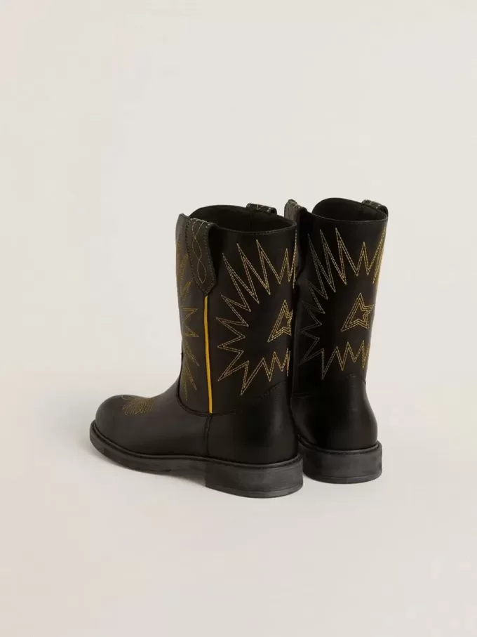 Wish Junior Stiefel aus schwarzem Leder mit gelber Sternstickerei