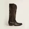 Wish Star Damenstiefel aus schwarzem Leder mit platinlaminiertem Leder-Stern-Einsatz