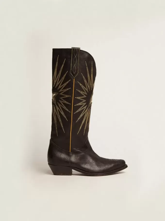Wish Star Damenstiefel aus schwarzem Leder mit platinlaminiertem Leder-Stern-Einsatz