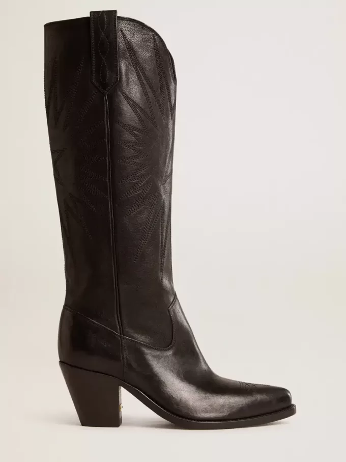 Wish Star Damenstiefel aus schwarzem Leder mit ton-in-ton gesticktem Stern Wish Star Damenstiefel aus schwarzem Leder mit ton-in-ton gesticktem Stern