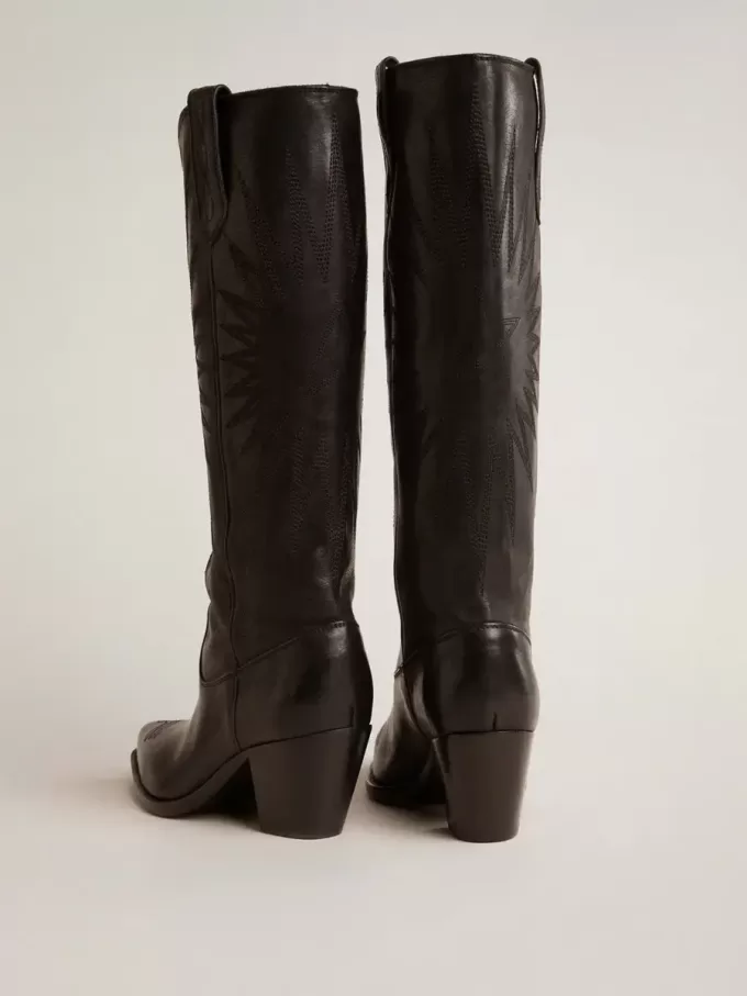 Wish Star Damenstiefel aus schwarzem Leder mit ton-in-ton gesticktem Stern Wish Star Damenstiefel aus schwarzem Leder mit ton-in-ton gesticktem Stern