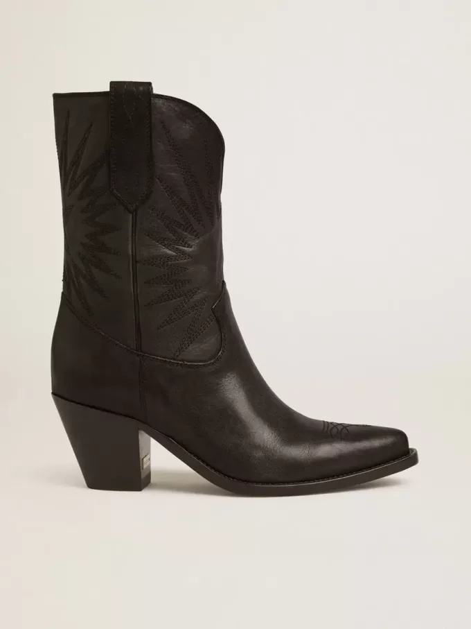 Wish Star Damenstiefelette aus schwarzem Leder mit Sternstickerei