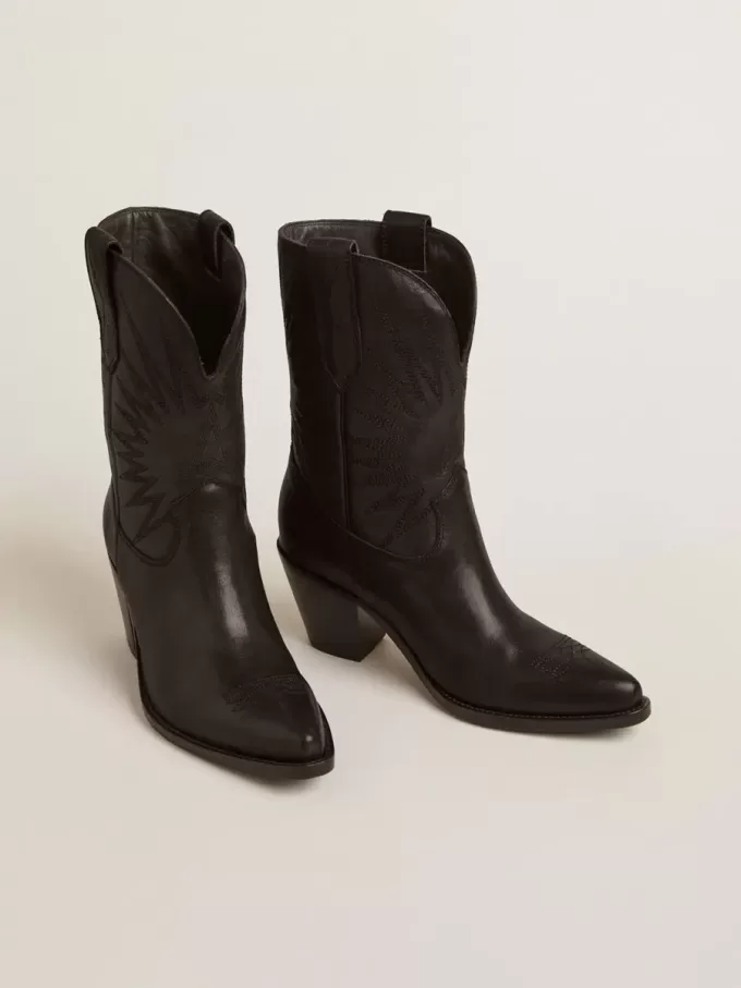 Wish Star Damenstiefelette aus schwarzem Leder mit Sternstickerei