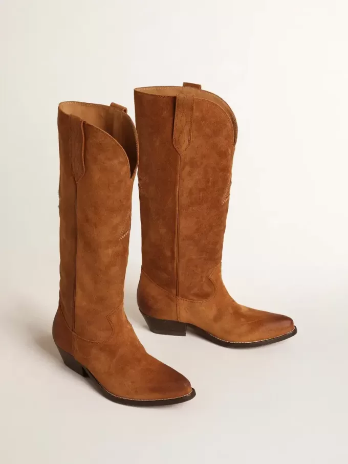 Wish Star Stiefel aus cognacfarbenem Wildleder mit farblich abgestimmtem Stern-Intarsienmuster Wish Star Stiefel aus cognacfarbenem Wildleder mit farblich abgestimmtem Stern-Intarsienmuster