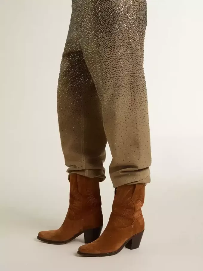 Wish Star Stiefel für Damen aus cognacfarbenem Wildleder mit Sternstickerei