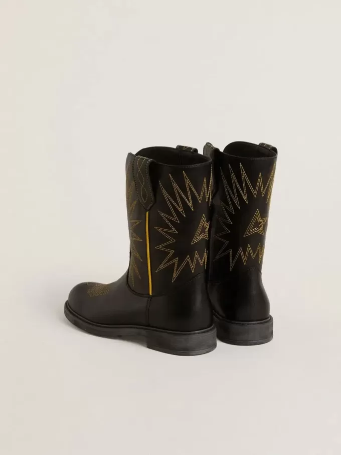 Wish Teen Stiefel aus schwarzem Leder mit gelber Sternstickerei