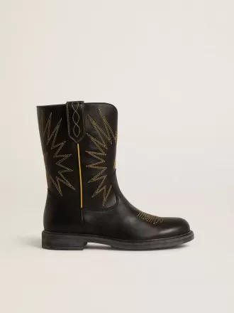Wish Young Stiefel aus schwarzem Leder mit gelber Sternstickerei