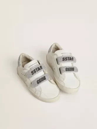 Young Old School aus weißem Leder mit silbernem Swarovski-Kristall-Fersenriemen und Riemen
