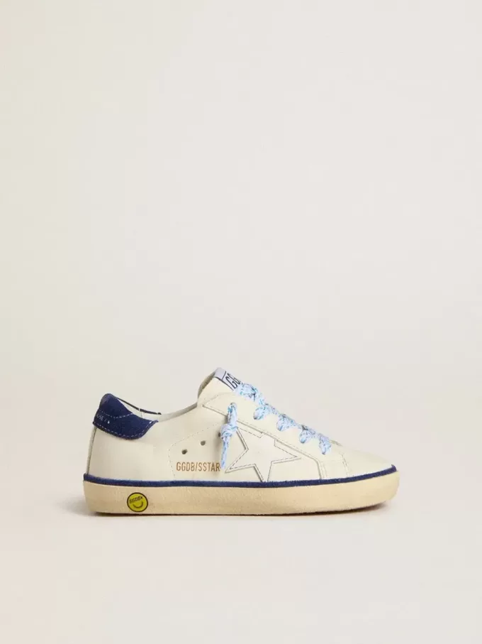 Young Super-Star aus weißem Leder mit blauem Wildleder-Fersenlasche Young Super-Star aus weißem Leder mit blauem Wildleder-Fersenlasche