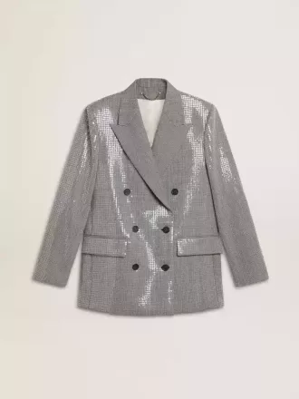 Zweireihige Boyfriend-Jacke aus Wolle mit Mikro-Hahnentrittmuster und Pailletten