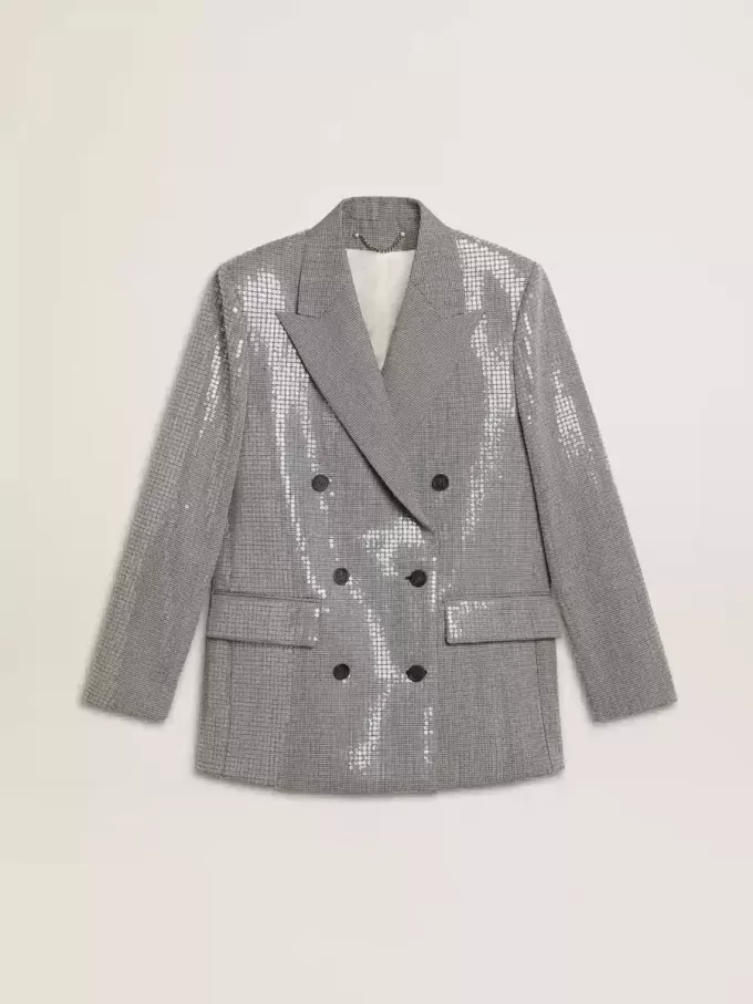 Zweireihige Boyfriend-Jacke aus Wolle mit Mikro-Hahnentrittmuster und Pailletten