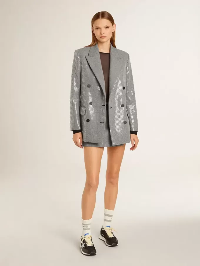 Zweireihige Boyfriend-Jacke aus Wolle mit Mikro-Hahnentrittmuster und Pailletten