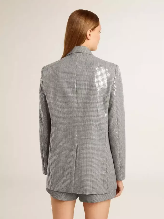Zweireihige Boyfriend-Jacke aus Wolle mit Mikro-Hahnentrittmuster und Pailletten