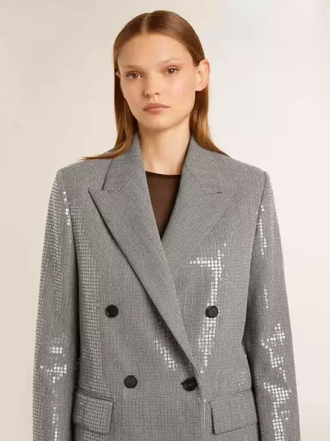 Zweireihige Boyfriend-Jacke aus Wolle mit Mikro-Hahnentrittmuster und Pailletten