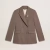 Zweireihiger Damenblazer aus beiger Chevron-Wollmischung Zweireihiger Damenblazer aus beiger Chevron-Wollmischung