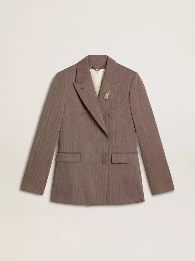 Zweireihiger Damenblazer aus beiger Chevron-Wollmischung Zweireihiger Damenblazer aus beiger Chevron-Wollmischung