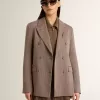 Zweireihiger Damenblazer aus beiger Chevron-Wollmischung Zweireihiger Damenblazer aus beiger Chevron-Wollmischung