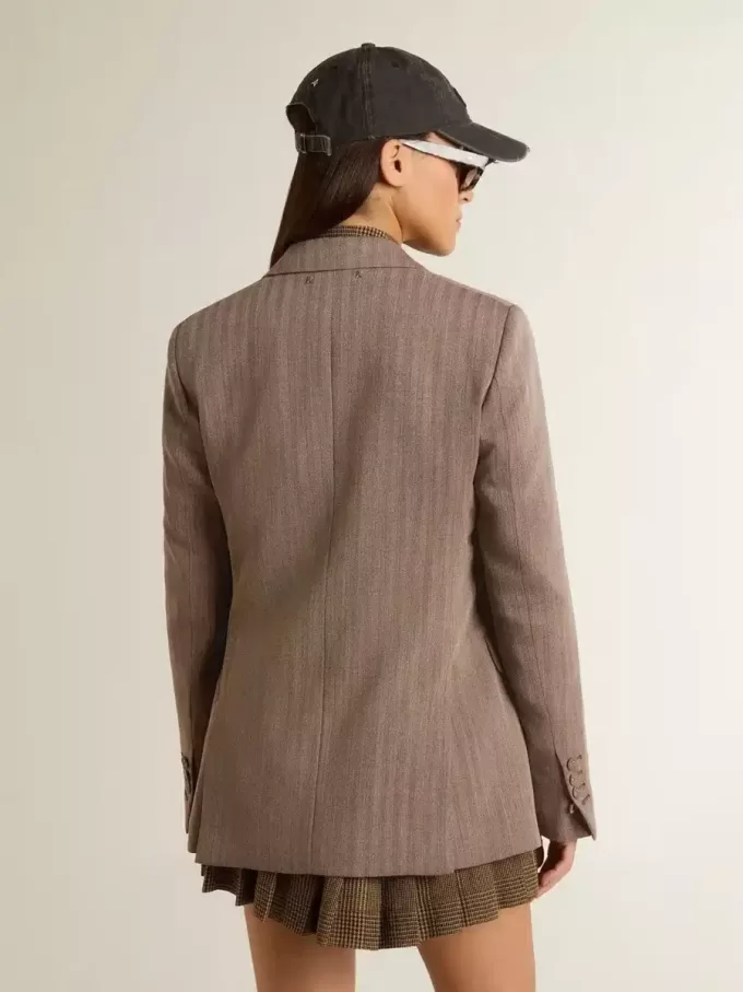 Zweireihiger Damenblazer aus beiger Chevron-Wollmischung Zweireihiger Damenblazer aus beiger Chevron-Wollmischung