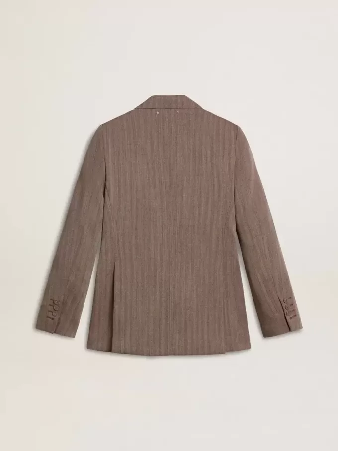 Zweireihiger Damenblazer aus beiger Chevron-Wollmischung Zweireihiger Damenblazer aus beiger Chevron-Wollmischung