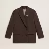 Zweireihiger Damenblazer aus dunkelbrauner Wolle mit feinem Streifenmuster Zweireihiger Damenblazer aus dunkelbrauner Wolle mit feinem Streifenmuster