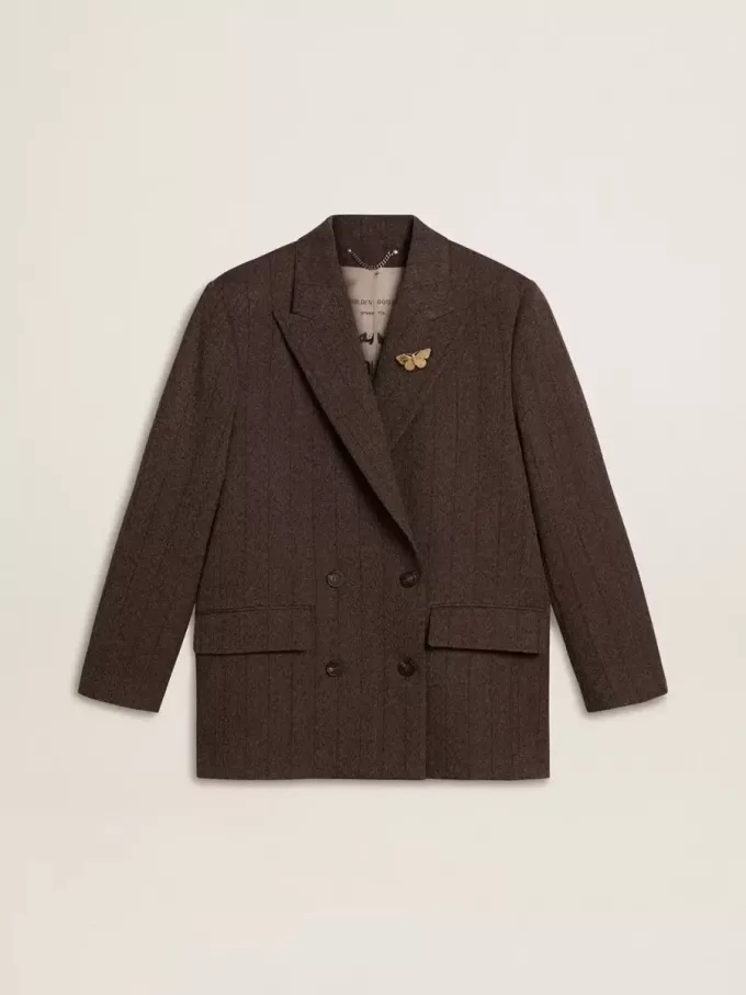 Zweireihiger Damenblazer aus dunkelbrauner Wolle mit feinem Streifenmuster Zweireihiger Damenblazer aus dunkelbrauner Wolle mit feinem Streifenmuster