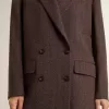 Zweireihiger Damenblazer aus dunkelbrauner Wolle mit feinem Streifenmuster Zweireihiger Damenblazer aus dunkelbrauner Wolle mit feinem Streifenmuster
